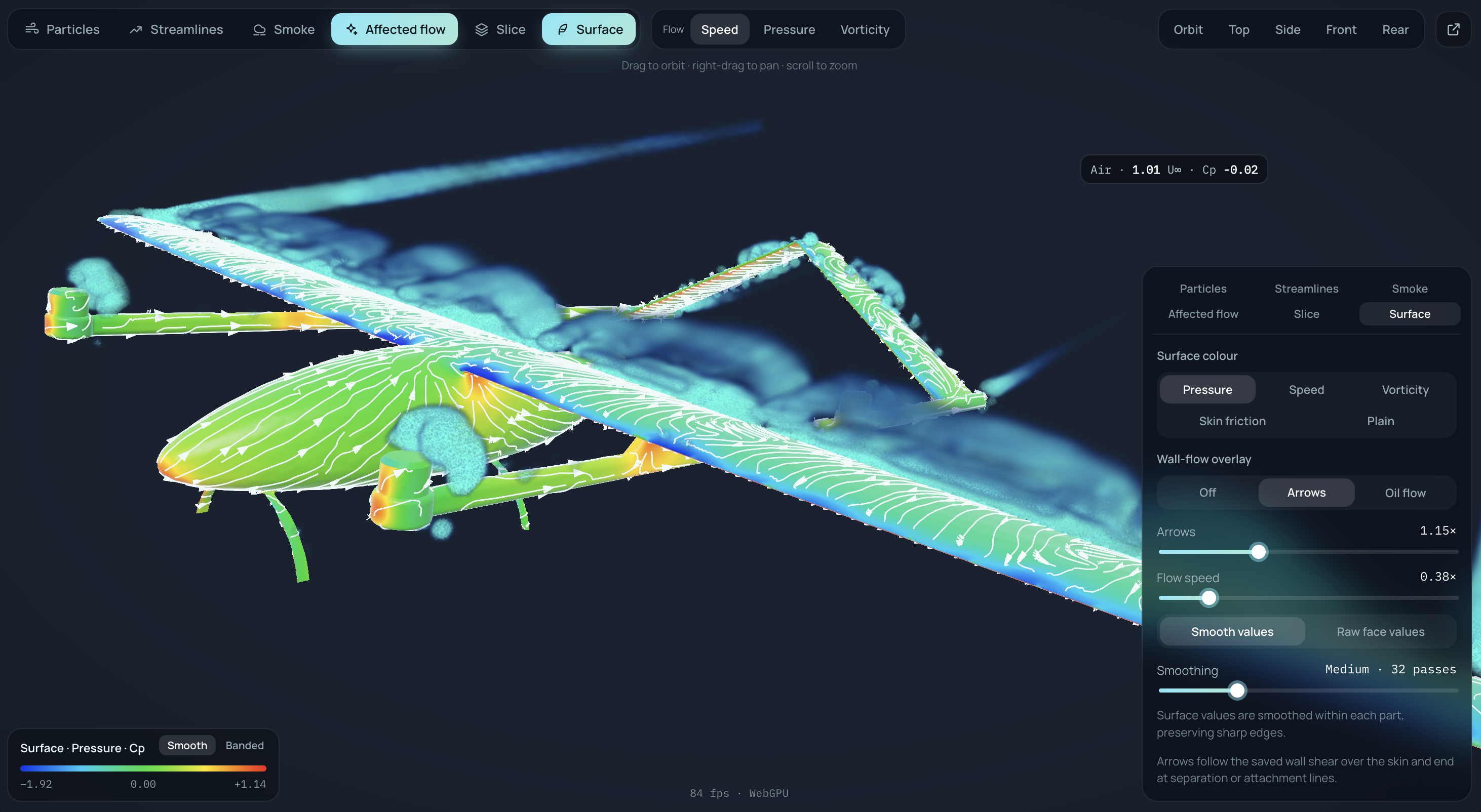 Raven aircraft with surface pressure and airflow visualization in Deneb Aero